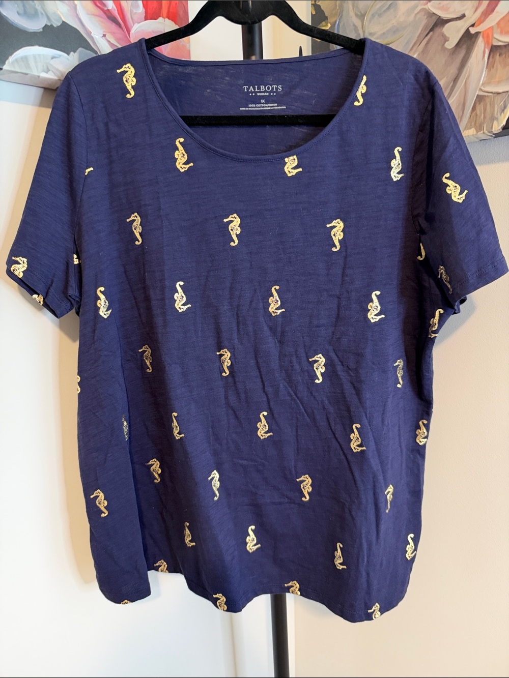 Talbots Navy Short-Sleeve Tee with Gold Seahorse Embroidery